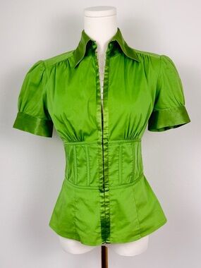 Bebe Green Corset Waist Puff Sleeve Peplum Top Small